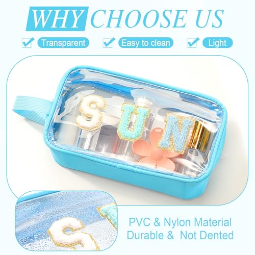 Kacctyen Letter Clear Makeup Bags Sun Pouch Blue Preppy Patch Clear Travel Bag with Zipper Chenille Nylon Cosmetics Waterproof Sandproof Bags Toiletry Storage Snack Sunscreen Pouch for Women - color: Blue, style: Sun
