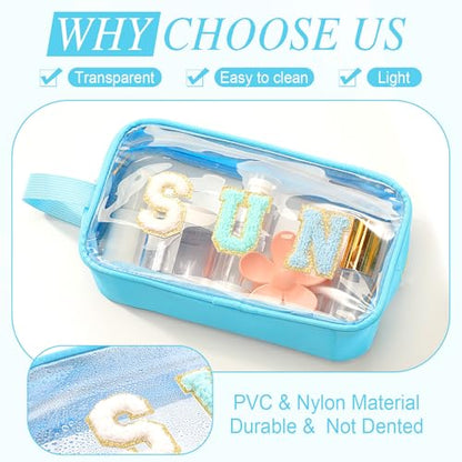 Kacctyen Letter Clear Makeup Bags Sun Pouch Blue Preppy Patch Clear Travel Bag with Zipper Chenille Nylon Cosmetics Waterproof Sandproof Bags Toiletry Storage Snack Sunscreen Pouch for Women - color: Blue, style: Sun