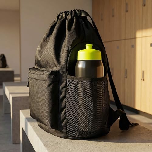 Waterproof Drawstring Backpack Gym Bag for Men Women, Lightweight Sports Cinch Sack with Front Pocket & Side Mesh Pockets, Large Capacity Durable String Bag for Gym Workout Travel Beach Swimming Black