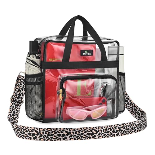 MAY TREE Clear Bag for Stadium Events, 12x6x12 Clear Tote Bag with Removable Strap, Transparent Bag for Concert Sports Gym, Leopard-Strap - color: Leopard-Strap