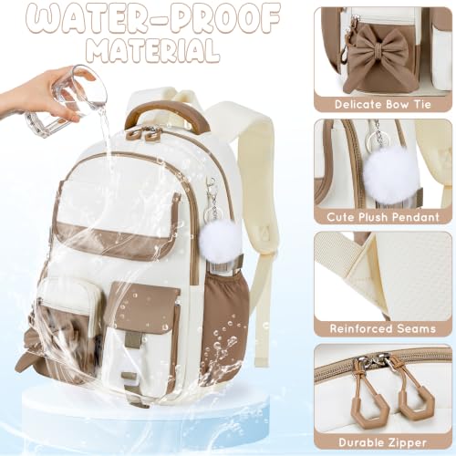 Kids Backpack for Girls, 3PCS School Backpack Set with Insulated Lunch Box & Pencil Case, Waterproof Lightweight Bookbag for Elementary & Middle School, Cute Bow Travel Daypack Brown-Beige - color: Brown-beige