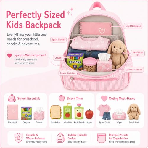 BTOOP Kids Backpack for Girls 3-6, Preschool Kindergarten Backpack with Insulated Lunch Compartment & Chest Strap, Cute Lightweight School Travel Bag Fits A4 Folder - color: Pink Stripes-15'', size: Age 3-6 (14.5" H Fit Folder)