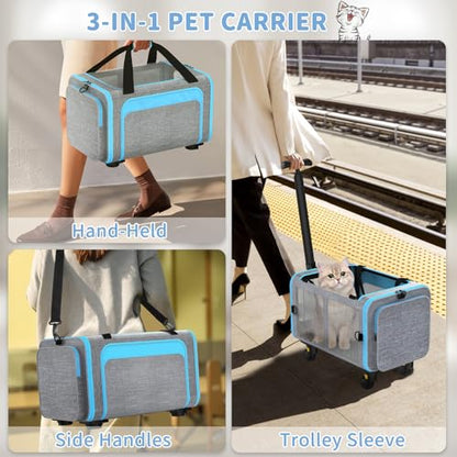 Rolling Pet Carrier with Detachable Wheels - 18x11x11 TSA Airline Approved for Southwest Delta United American, Soft Sided Expandable Travel Bag for Small Dogs & Cats up to 15Lbs, Fits Under Seat - color: Blue