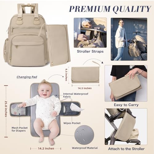 Diaper Bag Backpack, Baby Diaper Bag with 17 Pockets, Travel Baby Bag Backpack for Girl Boy, Large Diaper Bag with Changing Pad,USB Charging Port,Wet Dry Bag, Khaki - color: Warm Sand