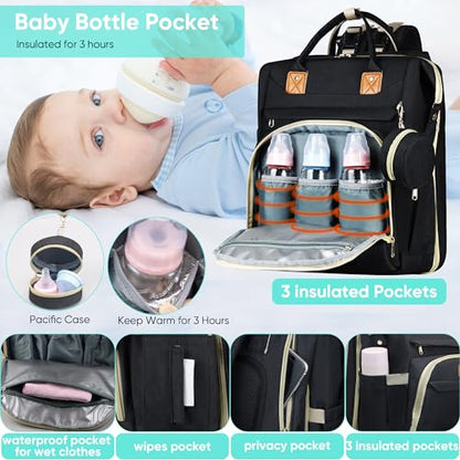 ZRSUN Diaper Bag Backpack, Multifunctional Baby Travel Bag with Foldable Changing Station, Portable Changing Pad, USB Charging Port, Black - color: Black