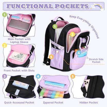 MUSEVOS Girls Backpack, Ideal School Backpack for Girls from Elementary to Teen Years, Kawaii Bookbag Cute Large Capacity (BLACK&PURPLE) - color: Black&purple