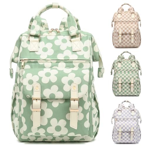 Corduroy Laptop Backpack for Women 15.6 Inch Stylish College School Bookbag, Business Work & Travel Computer Backpacks (Flowers Green) - color: Corduroy Flowers Green
