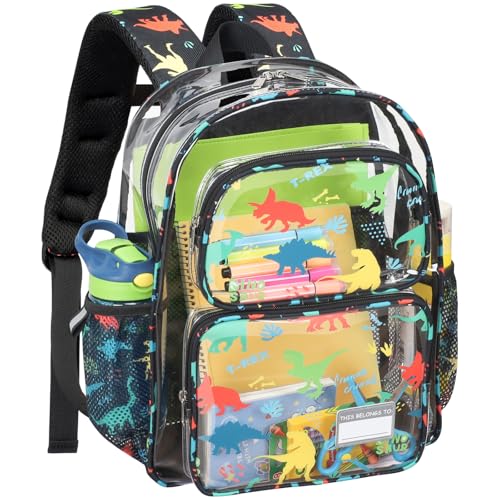 Bagseri Clear Backpack for Boys, 15 Inch Heavy Duty Kids Transparent Bookbag for School Kindergarten to 2nd Grade, Fits 12.5 Inch Folders, High Visibility Reflective Strips, Black Dinosaur - color: 1pcs, B-black Dinosaur, style: Backpack