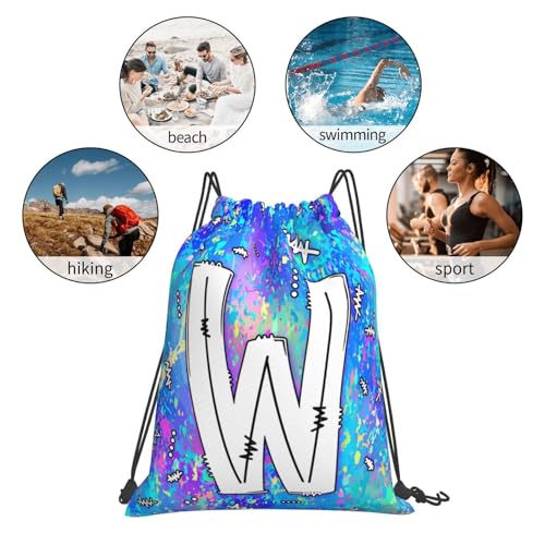 Drawstring Backpack Bag Sport Gym Sackpack Initial Blue Draw String Cinch Bags Bulk String Backpack Storage Bag for Women Men Letters W - color: Letters W