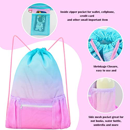 Fiodrimy Mesh Drawstring Backpack Bag Beach Bag with Zipper Pocket Gym Backpack Bag for Swimming Gear Gym Storage Bag for Adult Kids (Pink) - color: Pink