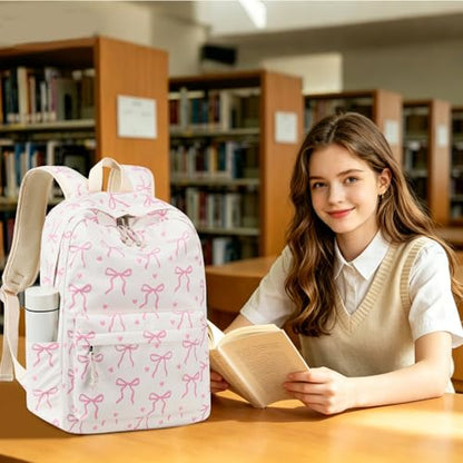 LEDAOU School Backpack for Teen Girls - 15.6 Inch Laptop Backpack, Cute Bow Aesthetic Bookbag, Lightweight Water Resistant Daypack for Middle High School, College and Travel - color: A-pink Bow Tie