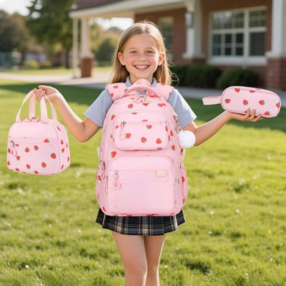 Bevalsa Backpack for Girls 3PCS Teen Girls Pink Backpack for School with Lunch Bag Pencil Case Cute Kids Laptop Backpacks Bookbag for Elementary Middle High School College Student (Strawberry) - color: Pink Strawberry