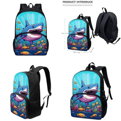 Shark Backpack for Boys Kids Backpack with Lunch Box Water Bottle Holder with Strap and Soft Pencil Case 4Pcs Set 17" Lightweight Bookbag with Large Front Pocket Sturdy Elementary School Bag - color: Cartoon Shark