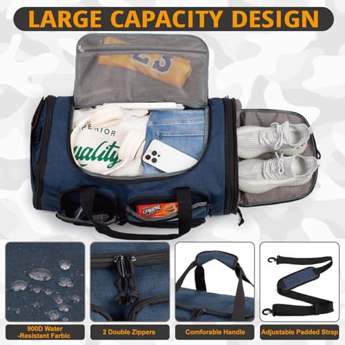Expandable Gym Bag For Men,Tactical Large 3 in 1 Sports Duffle Bag With Shoes Compartment,Water Resistant Sports Gym Tote Bags Multi-functional Weekend Travel Backpack Overnight Bag - color: Blue