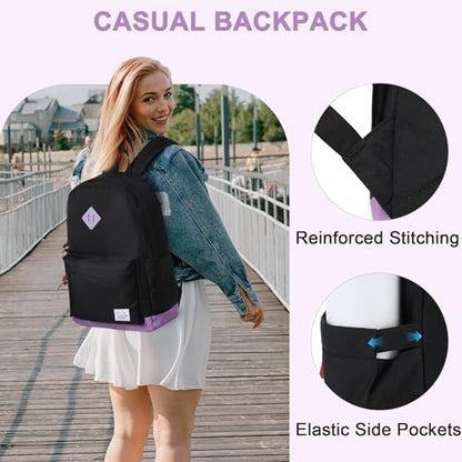 Backpack for Men Women,VASCHY Classic Water-resistant Lightweight Travel School Backpack Casual Daypack - color: Black Purple