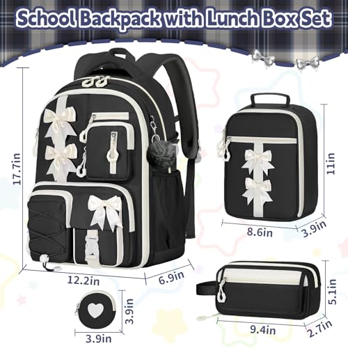 Girls Backpack with Lunch Box Set, 4 PCS Cute Kawaii School Bookbag for Elementary Girls, Black Aesthetic Large Laptop Backpack for Kids & Teens - color: Black