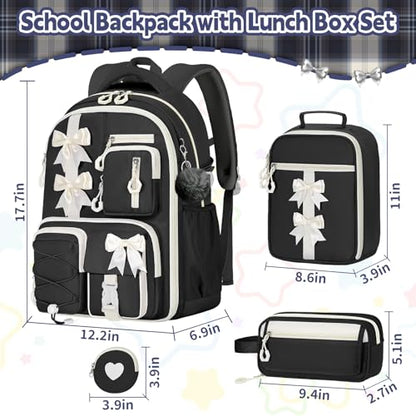 Girls Backpack with Lunch Box Set, 4 PCS Cute Kawaii School Bookbag for Elementary Girls, Black Aesthetic Large Laptop Backpack for Kids & Teens - color: Black