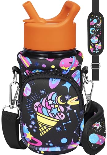 Miss Adola Water Bottle Carrier with Strap - Insulated Kids Water Bottle Holder for Boys Girls Bottle Bag for 10-18Oz - color: Rainbow Ice Cream