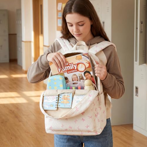 LEDAOU Backpack for Girls School Bag Kids Bookbag Teen Backpack Set Daypack with Lunch Bag and Pencil Case | Kids - color: Pink Bowtie -Beige
