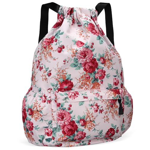 Drawstring Backpack for Women Drawstring Gym Bag Water Resistant Small Cinch Sack Pull String Backpack Bag (Flower-D) - color: Peony
