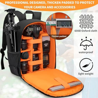 Camera Backpack for Photographers, DSLR Camera Bag, Professional Photography Case with 13.5 Inch Laptop Compartment & Tripod Holder & Waterproof Rain Cover Compatible for Sony Canon Nikon Black - color: Black Orange