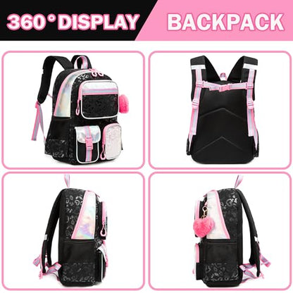 Meetbelify Cute Black School Backpack for Girls Aesthetic Backpacks for Elementary Student Teen Girls School Bag Kids Travel Bookbag for Girls Ages 8-10 - color: Black