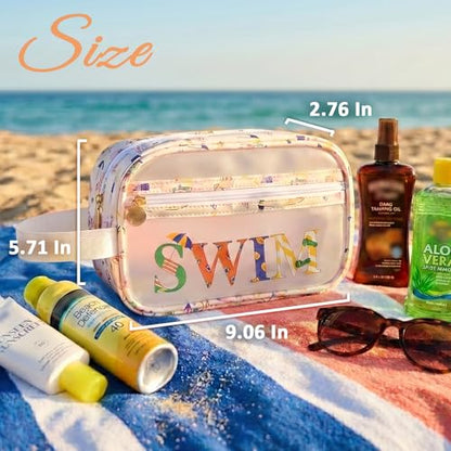 COSHAYSOO Clear SWIM Bag Swimming Pool Accessories Cute Swimmer Team Gifts for Women Teen Girls Bikini Swimsuit Goggle Cap Sunscreen Makeup Storage, Waterproof Beach Vacation Summer Travel Essentials - color: Beige SWIM