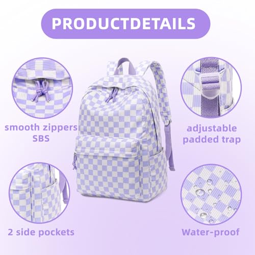 LEDAOU School Backpack for Teen Girls Elementary Middle School Bookbag Kids Backpacks Women Laptop Backpack Travel Daypack - color: Purple Checkered