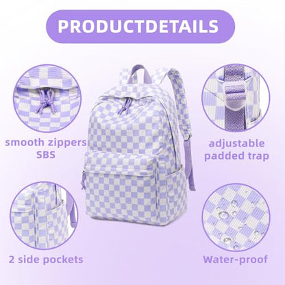 LEDAOU School Backpack for Teen Girls Elementary Middle School Bookbag Kids Backpacks Women Laptop Backpack Travel Daypack - color: Purple Checkered