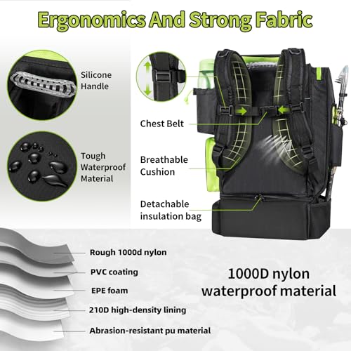 BLISSWILL Large Fishing Backpack with Cooler for 3 Tackle Boxes - Fishing Bag with Rod Holders for Camping and Hiking - color: Black