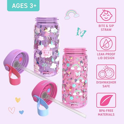 Bentgo Kids Water Bottle 2-Pack - Leak-Proof Durable Tritan BPA-Free 15 oz Cup for Kids/Toddlers Ages 3+; Bite & Sip Spout + Dishwasher Safe for School/Sports/Daycare (Rainbows & Butterflies/Fairies) - color: Rainbows and Butterflies & Fairies