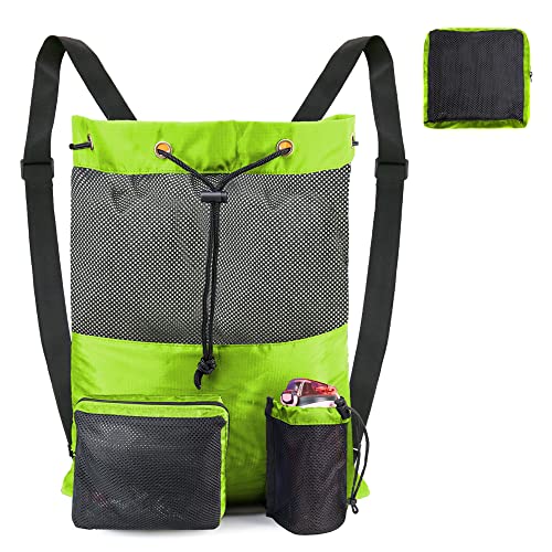 BeeGreen Gym Bags for Men Women Mesh Drawstring Backpack for Swim Sports Workout Gear Gifts for Swimmers Beach Pool Wrestling Backpack Cinch Bag With 3 Pockets Neon Yellow XLarge - color: Neon Yellow, style: Backpack
