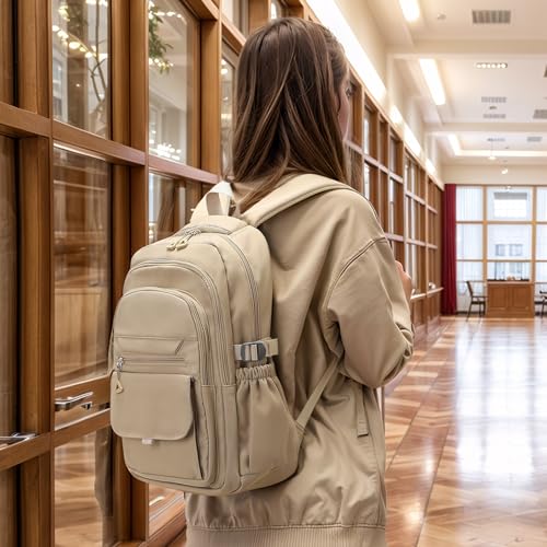 Aesthetic Daypack Backpack, Water-Resistant 15.6" Laptop Backpack for Women and Men, Featuring Touch-Fastener and Anti-Theft Pockets (Khaki) - color: Khaki