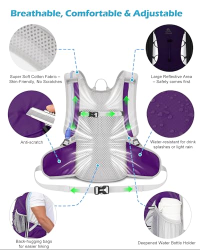 Hydration Backpack with 2L Water Bladder - Lightweight 15L Daypack with Phone-Sized Hip Belt Pockets, Anti-Chafe Cotton Edging & No-Bounce Straps - Small Water Backpack for Hiking, Running, Skiing - color: Purple
