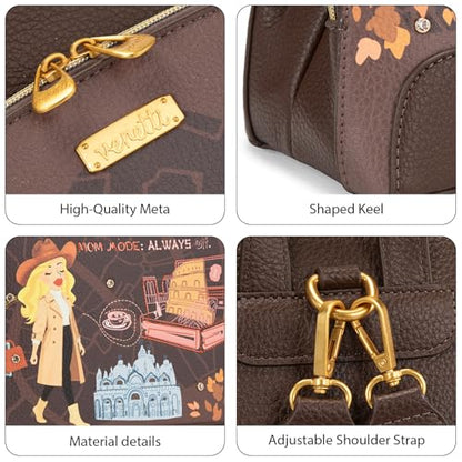 Venetti Cityscape Illustration Mini Backpack for Women and Girls, Cute Small Backpack Purse with Multi-Pocket and Zipper, Light Print Shoulder Bag Leather for Travel Daily Use VN-HB-001-BR - color: Brown