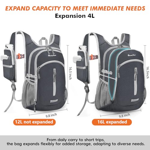 Seektop Small Hiking Backpack Expandable 12L-15L, Lightweight Packable Waterproof Daypack with Phone Pocket for Women Men - color: Dark Grey