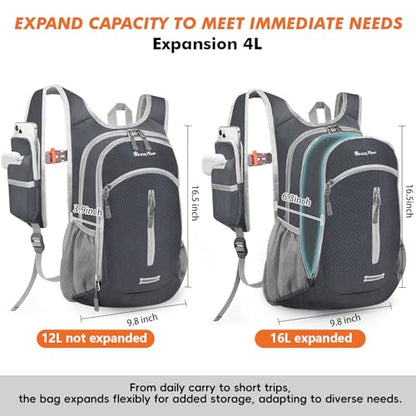 Seektop Small Hiking Backpack Expandable 12L-15L, Lightweight Packable Waterproof Daypack with Phone Pocket for Women Men - color: Dark Grey