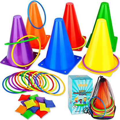 Eocolz 3 in 1 Carnival Games Set, Soft Plastic Cones Bean Bags Ring Toss Games for Kids Birthday Party Outdoor Games Supplies Combo Set - color: purple