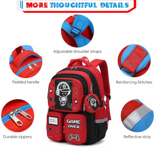Boys Backpack, Luminous Gamer Backpack for Boys with Lunch Box,Pencil Case and Coin Puese,Kids Schoolbag Bookbag for Teen Boy Elementary Middle High School Travel(Black-Red) - color: Black-red