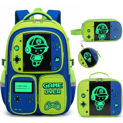 Boys Backpack, Luminous Gamer Backpack for Boys with Lunch Box,Pencil Case and Coin Puese,Kids Schoolbag Bookbag for Teen Boy Elementary Middle High School Travel - color: Green
