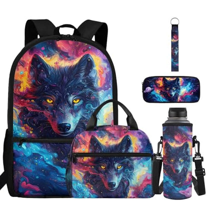 ZDCUSTOM Cosmic Wolf Backpack Sets for Boys, School Backpack with Lunch Box for Kids, Elementary Bookbag with Pencil Case, Water Bottle Sleeves, Keychain, Back to School Gear for Boys Age 8-10 - color: Cosmic Wolf