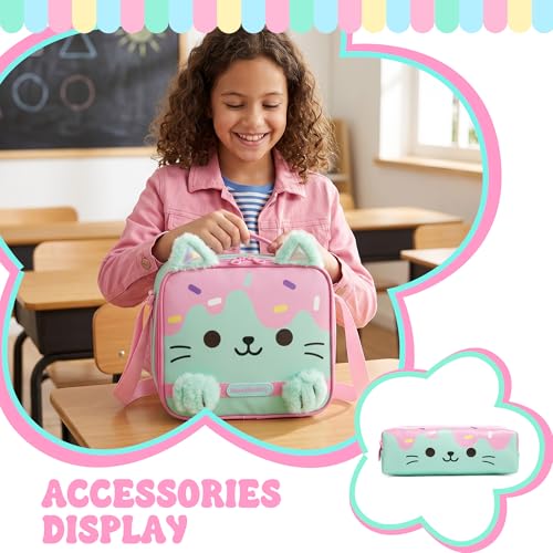 School Backpack for Girls,Cute Cat Kids Bookbag 3PCS Set with Lunch Bag Pencil Case,Elementary Girls Backpack for School,Lightweight Travel Daypack - color: Green Pink Cat