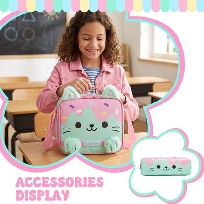 School Backpack for Girls,Cute Cat Kids Bookbag 3PCS Set with Lunch Bag Pencil Case,Elementary Girls Backpack for School,Lightweight Travel Daypack - color: Green Pink Cat