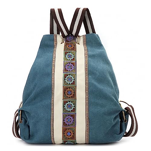 Goodhan Women Canvas Backpack Daypack Casual Shoulder Bag, Vintage Heavy-duty Anti-theft Travel Backpack (Green Blue) - color: Green Blue