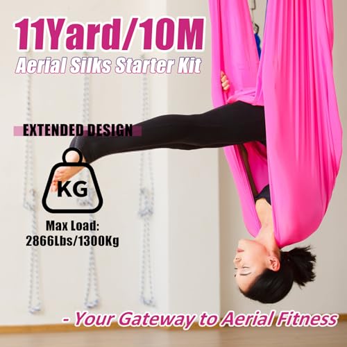 Aerial Silks Kit & Aerial Yoga Hammock - 11Yd Premium Fabric with Hardware - Easy Setup for Flying Yoga, Aerial Swing & Fitness - Supports Up to 14ft Rigging - color: Hot Pink