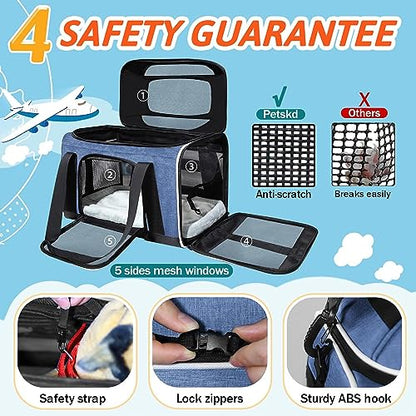 Petskd Top-Expandable Pet Carrier 17x12x8.5 Inches JetBlue Allegiant Spirit Airline Approved, Soft-Sided Carrier for Small Cats and Dogs with Locking Safety Zippers and Anti-Scratch Mesh(Blue) - color: Blue, size: 17.0"L x 12.0"W x 8.5"H