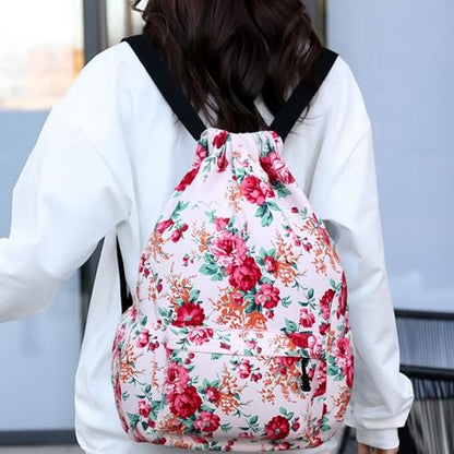 Drawstring Backpack for Women Drawstring Gym Bag Water Resistant Small Cinch Sack Pull String Backpack Bag (Flower-D) - color: Peony