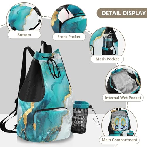 Drawstring Beach Bags Pool Bag With Water Bottle Pocket Cinch Back Sack Wet and Dry Separation Turquoise White Marble - color: Color 21