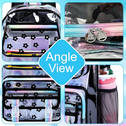 KLFVB Clear Bookbag Heavy Duty, 3PCS Girls See Through School Bag Set, Cute Transparent Backpack for Women - Plum Blossom Black - color: Plum Blossom Black Clear Backpack