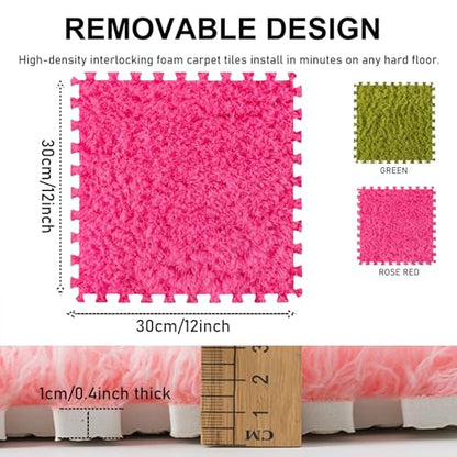 Thickened Plush Foam Interlocking Floor Carpet Mat,24 Piece 12x12in Fluffy Square Puzzle Foam Carpet Tiles with Edgings,Soft Anti-Slip Shaggy Area Rug Playmat(Color:Rose red+Green) - color: Rose Red+green